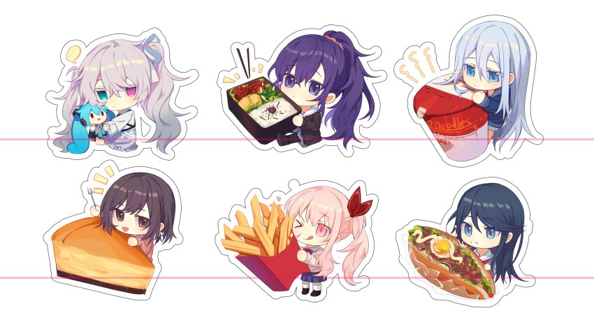 &gt;_o ... 1other 25-ji_miku 25-ji_nightcord_de._(project_sekai) 5girls :q absurdres akiyama_mizuki aqua_eyes asahina_mafuyu barefoot bento black_footwear black_jacket black_pantyhose blue_eyes blue_hair blue_jacket blue_skirt blush bow bowtie braid brown_eyes brown_hair cake cake_slice character_doll chibi chibi_only chinese_commentary chopsticks closed_mouth collared_shirt colored_eyelashes commentary crossed_bangs crown_braid cup_ramen dark_blue_hair doll dress eating egg_(food) empty_eyes food food_request french_fries fried_egg frilled_dress frilled_sleeves frills full_body gradient_hair green_hair grey_hair grey_serafuku grey_shirt grey_skirt hair_between_eyes hair_bow hair_ornament hair_ribbon hair_scrunchie hatsune_miku heterochromia highres holding holding_bento holding_doll holding_utensil hood hooded_jacket hoshino_ichika_(project_sekai) jacket jitome long_hair long_sleeves looking_at_food looking_at_viewer multicolored_hair multiple_girls no_pupils notice_lines one_eye_closed open_clothes open_jacket open_mouth orange_scrunchie outline pantyhose pink_bow pink_bowtie pink_eyes pink_hair pink_sweater pleated_skirt ponytail project_sekai puffy_long_sleeves puffy_sleeves purple_eyes purple_hair red_bow ribbon rice sailor_collar school_uniform scrunchie serafuku shinonome_ena shirt short_hair shorts side_ponytail sidelocks simple_background sitting skirt smile socks sparkle spoken_ellipsis standing sweater tongue tongue_out twintails utensil very_long_hair vocaloid white_background white_dress white_outline white_ribbon white_sailor_collar white_shirt white_socks ximuye yoisaki_kanade