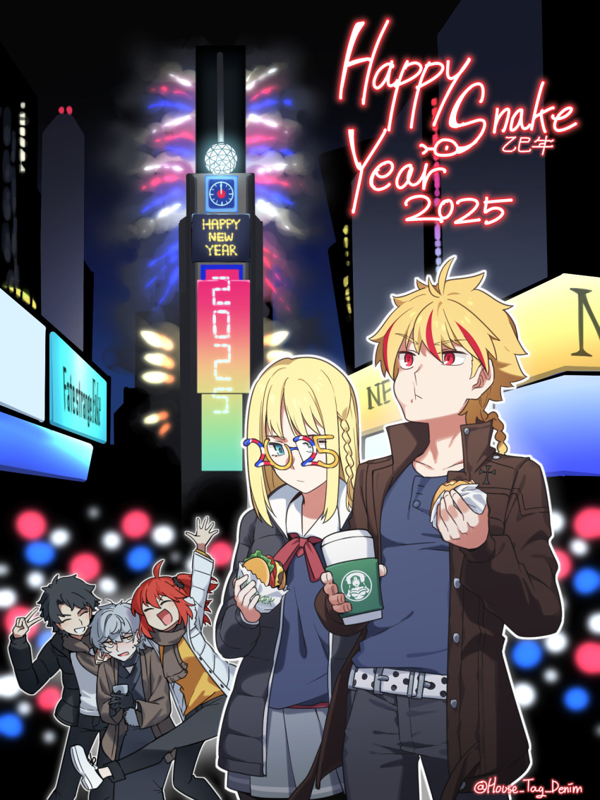 2025 2girls 3boys ahoge belt black_gloves black_hair black_jacket black_kimono black_pants blonde_hair blue_shirt braid breasts brown_eyes brown_jacket brown_kimono brown_scarf burger cityscape closed_eyes cup disposable_coffee_cup disposable_cup eating fate/grand_order fate/strange_fake fate_(series) food fujimaru_ritsuka_(female) fujimaru_ritsuka_(female)_(winter_casual) fujimaru_ritsuka_(male) fujimaru_ritsuka_(male)_(winter_casual) gloves grey_hair grey_skirt happy_new_year highres house_tag_denim jacket japanese_clothes kadoc_zemlupus kimono long_sleeves medium_breasts medium_hair multicolored_hair multiple_boys multiple_girls new_year one_side_up open_clothes open_mouth orange_hair pants richard_i_(fate) richard_i_(second_ascension)_(fate) sajou_ayaka_(fate/strange_fake) scarf shirt short_hair skirt small_breasts smile streaked_hair white_jacket white_shirt yellow_shirt