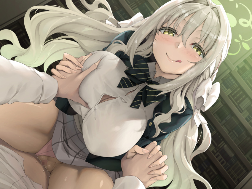 1boy 1girl absurdres assertive_female blue_archive blush bow breasts clothed_sex clothing_aside commentary_request commission cowgirl_position girl_on_top grabbing_another&#039;s_breast green_eyes green_halo grey_hair groping guided_breast_grab guiding_hand hair_bow halo happy_sex hetero highres holding_hands indoors interlocked_fingers large_breasts licking_lips long_hair looking_at_viewer miyo_(blue_archive) nakano_sora paid_reward_available panties pov pussy school_uniform sex skeb_commission smile solo_focus spread_legs straddling tongue tongue_out underwear vaginal very_long_hair white_bow