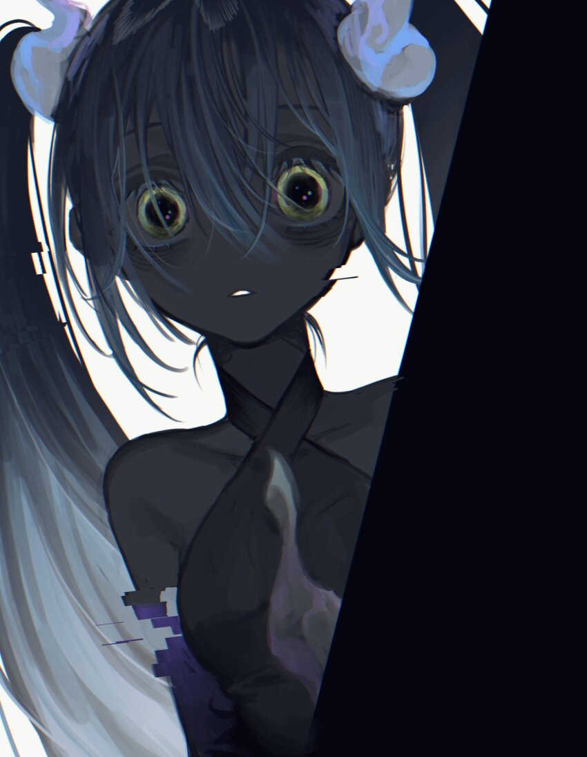 1girl bags_under_eyes blue_hair detached_arm digital_dissolve dilated_pupils ghost_miku_(project_voltage) glitch grey_shirt hair_between_eyes hatsune_miku highres horror_(theme) long_hair looking_at_viewer muted_color nagata_3 necktie nintendo pale_skin parted_lips peeking_out pokemon project_voltage shirt skinny solo triangle_mouth twintails upper_body vocaloid white_background white_necktie yellow_eyes