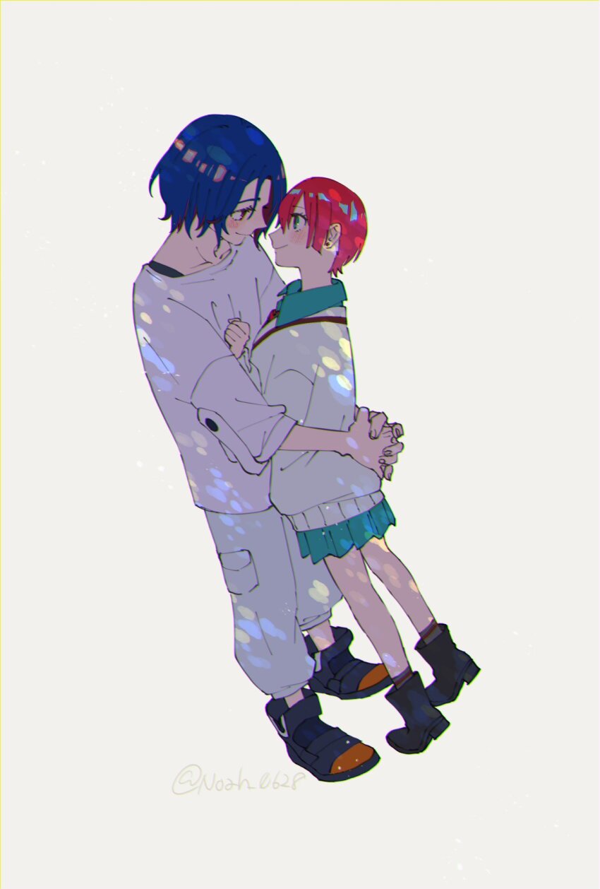 1boy 1girl amate_yuzuriha aqua_eyes artist_name blue_hair blush collared_shirt colored_inner_hair commentary full_body gundam gundam_gquuuuuux hetero highres hug looking_at_another multicolored_hair necktie noah_(livas) pants purple_hair red_eyes red_hair school_uniform shirt shoes short_hair shuji_ito simple_background skirt smile standing sweater twitter_username two-tone_hair white_background white_shirt
