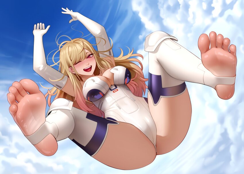 1girl :d absurdres arms_up blonde_hair blue_sky blush breasts cameltoe choujigen_game_neptune cleavage cleavage_cutout clothing_cutout cloud cloudy_sky commentary cosplay elbow_gloves english_commentary falling feet foot_focus full_body gloves highres kairunoburogu kitagawa_marin knee_pads large_breasts leotard long_hair looking_at_viewer multicolored_hair neptune_(series) one_eye_closed open_mouth outdoors pink_hair red_eyes sky smile soles solo sono_bisque_doll_wa_koi_wo_suru stirrup_legwear toeless_legwear toes two-tone_hair white_leotard white_theme yellow_heart_(neptunia) yellow_heart_(neptunia)_(cosplay)