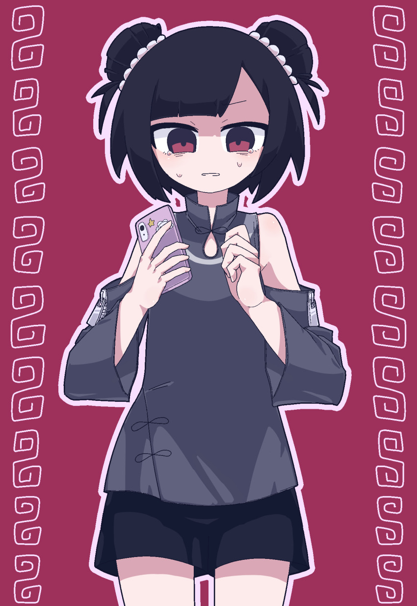 1girl agpgwm bare_shoulders black_hair black_shorts blunt_bangs cellphone chinese_clothes cowboy_shot detached_sleeves double_bun grey_shirt hair_bun hair_ornament hair_scrunchie highres holding holding_phone meandros men-chan monmon_fanmoran_(vocaloid) phone red_background red_eyes scrunchie shirt short_hair shorts sleeveless sleeveless_shirt smartphone straight-on sweatdrop white_scrunchie worried