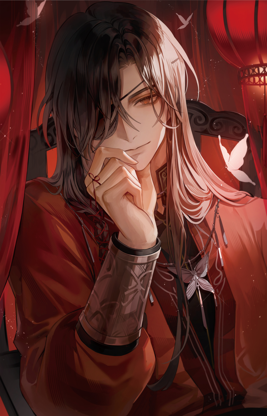 1boy bishounen black_hair bug butterfly chair chinese_clothes closed_mouth curtains eyepatch glowing_butterfly hair_over_one_eye hand_on_own_cheek hand_on_own_face hanfu highres hua_cheng insect jewelry lantern long_hair long_sleeves looking_at_viewer male_focus necklace on_chair one_eye_covered red_eyes red_hanfu red_theme sitting smile solo string string_of_fate tianguan_cifu upper_body white_butterfly young57440489