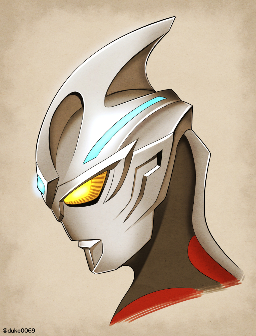 1boy alien black_skin blue_gemstone brown_background colored_skin commentary_request cropped_torso forehead_jewel from_side gem highres looking_ahead male_focus multicolored_skin no_pupils red_skin silver_skin solo tokusatsu ultra_series ultraman_arc ultraman_arc_(series) username yellow_eyes yuuki_koutarou