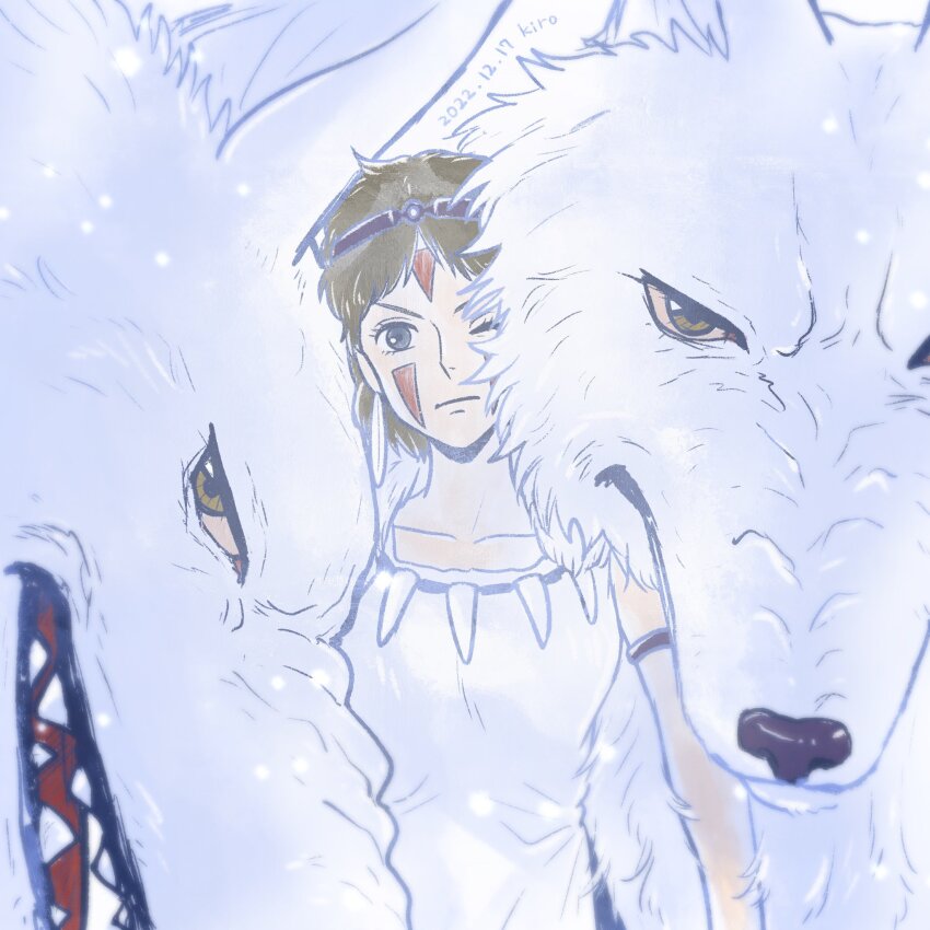 1girl animal artist_name brown_hair collarbone commentary dated earrings facepaint facial_mark grey_eyes highres jewelry kiromnnk looking_at_viewer mononoke_hime moro_no_ichizoku necklace one_eye_closed open_mouth san_(mononoke_hime) standing teeth tooth_necklace upper_body white_theme wolf