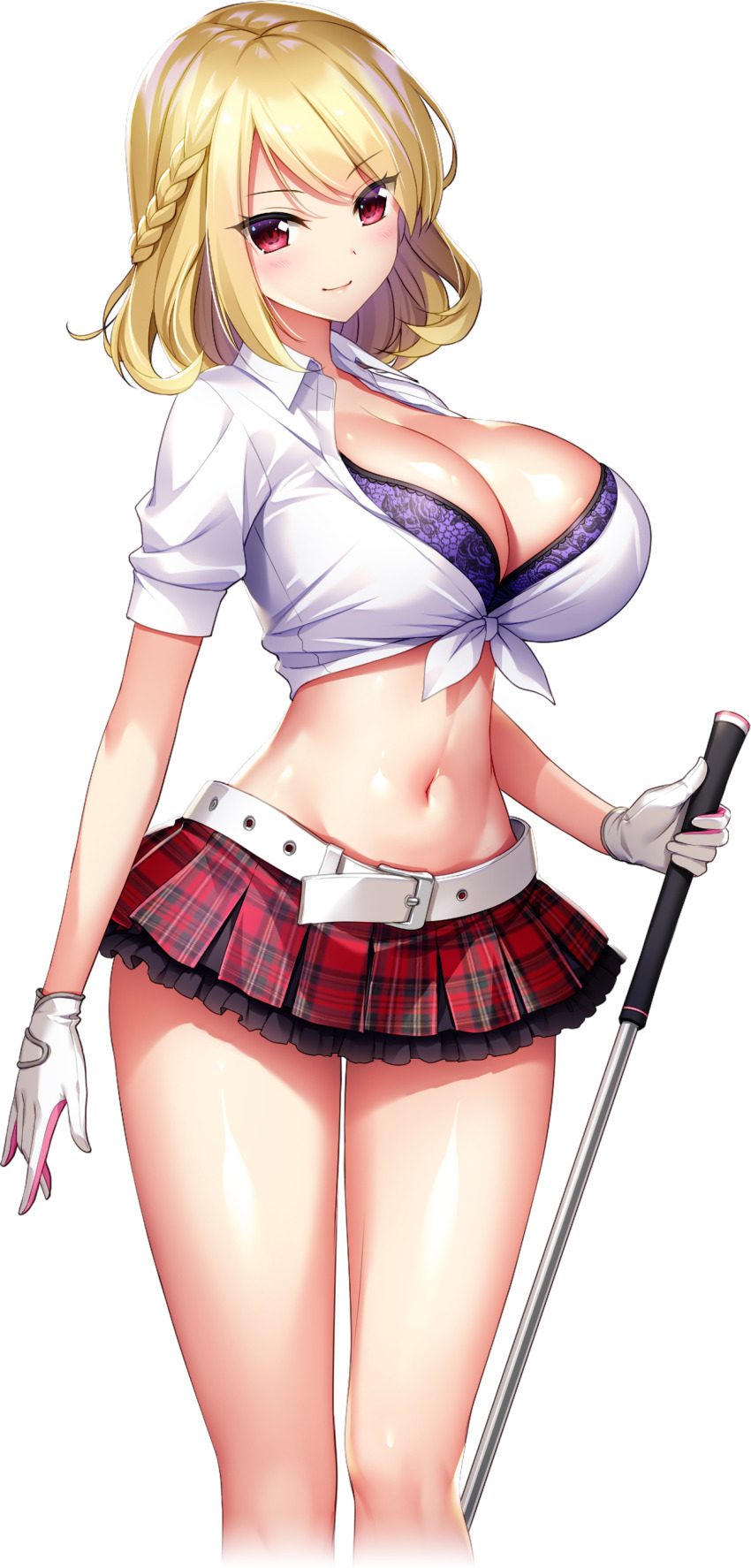 1girl absurdres barato_reiko blonde_hair blush bra bra_visible_through_clothes breasts cleavage closed_mouth crop_top derauea game_cg gloves golf_club highres holding holding_golf_club huge_breasts large_breasts looking_at_viewer medium_hair milk_factory miniskirt motto!_haramase!_honoo_no_oppai_chou_ero_appli_gakuen! navel non-web_source official_art plaid_clothes plaid_skirt purple_bra red_eyes shirt skirt smile solo sprite tachi-e tied_shirt transparent_background underwear white_gloves white_shirt