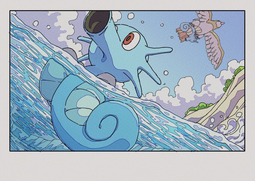 3others bird border cliff cloud cloudy_sky curled_tail fish flying gen_1_pokemon highres holding holding_pokemon horsea looking_to_the_side multiple_others nintendo no_humans onamuzi_illust partially_submerged partially_underwater_shot pidgeotto pokemon pokemon_(creature) pokemon_focus red_eyes sea_spray seahorse sky tail water white_border