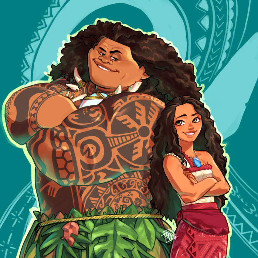 1boy 1girl arm_tattoo brown_eyes brown_hair chest_tattoo crossed_arms dark-skinned_female dark-skinned_male dark_skin jewelry leaf_skirt long_hair maui_(moana) moana_(movie) moana_waialiki necklace red_skirt ryuuki_garyuu shirt skirt sleeveless sleeveless_shirt tattoo tattoo_sleeve white_shirt