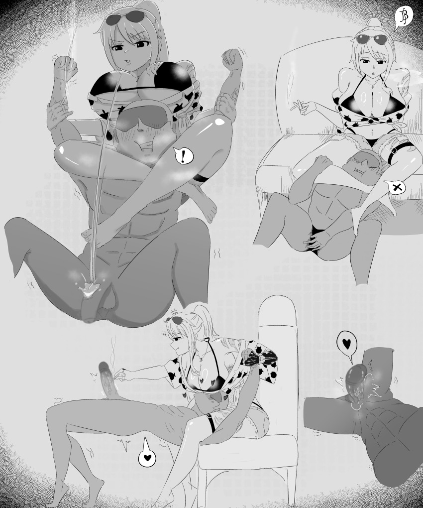 absurdres arlong breasts cigarette erection highres large_breasts nami_(one_piece) one_piece penis sadism saliva scissorhold short_shorts shorts sunglasses tattoo yazorok