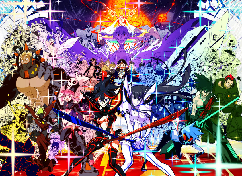 &gt;:d 10s 6+boys 6+girls :d absolutely_everyone absurdres all_fours alternate_hairstyle bandaid bandaid_on_face bandaid_on_nose belt black_hair black_serafuku black_skirt blonde_hair blue_hair breasts brown_hair building byakko_shirou carnivorous_plant cleavage collarbone covers crossed_swords doutonbori_robo dual_persona epic everyone evil_smile extra eyepatch fighting_stance frown fuguhara_aizenbou fukuroda_takaharu gamagoori_ira gamagoori_ira_(scourge_regalia) garter_straps genbu_tarou glasses glint glowing green_hair grimace grin guts_(kill_la_kill) hakodate_omiko harime_nui helmet highres hououmaru_rei inumuta_houka inumuta_houka_(probe_regalia) iori_shirou jack_naitou jakuzure_nonon jakuzure_nonon_(symphony_regalia) junketsu kagerou_kagesaburou kill_la_kill kinagase_tsumugu kiryuuin_ragyou kiryuuin_satsuki kuroido_takiji life_fiber long_hair looking_at_viewer machinery male_swimwear mankanshoku_barazou mankanshoku_mako mankanshoku_matarou mankanshoku_sukuyo mask matoi_ryuuko mikisugi_aikurou mohawk money moru_moru_moru multicolored_hair multiple_boys multiple_girls muscular nagita_shinjiro navel nipples nudist_beach_uniform okurahama_maimu oogure_maiko open_mouth otte_tatamu oubayashi_kyuuji outstretched_arms partially_colored pink_hair pleated_skirt pointing primordial_life_fiber rainbow_hair red_hair revealing_clothes sakuramiya_kenta sanageyama_uzu sanageyama_uzu_(blade_regalia) school school_uniform scissor_blade_(kill_la_kill) seiryuu_saburou senketsu serafuku shinra-koketsu short_hair skirt sky smile soroi_mitsuzou sparkle spiked_hair spoilers standing star_(sky) sunglasses suspender_skirt suspenders suzaku_jirou swim_briefs swimsuit sword takarada_kaneo thighhighs todoroki_ryousuke topless_female two-tone_hair underboob utility_belt uwabami_kusatao v-shaped_eyebrows watari_masuyo weapon white_skirt yaguruma_kusanosuke zettai_ryouiki