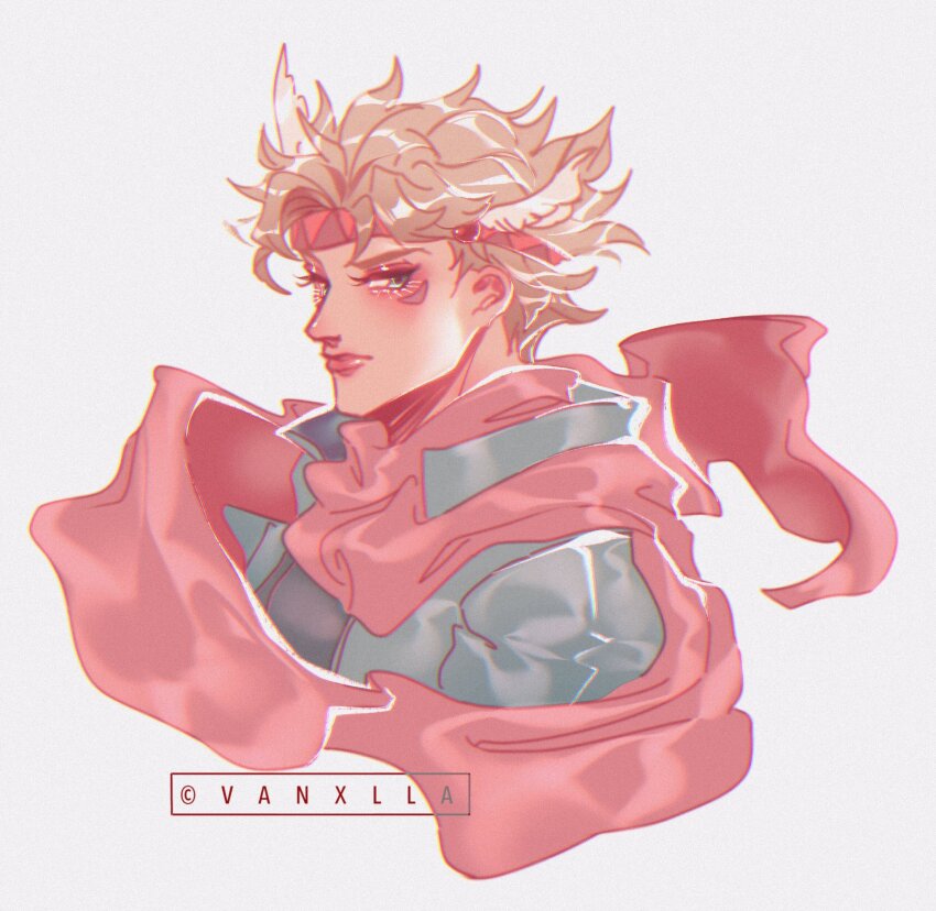 1boy artist_name blonde_hair caesar_anthonio_zeppeli commentary facial_mark highres jojo_no_kimyou_na_bouken looking_at_viewer male_focus scarf short_hair simple_background solo upper_body vanxllavina