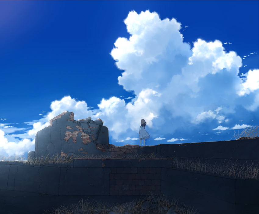 1girl anyotete black_hair blue_sky brick_wall cloud commentary commentary_request cumulonimbus_cloud day dress english_commentary from_behind grass highres long_hair mixed-language_commentary original outdoors ruins scenery shade sky solo standing sundress white_dress wide_shot