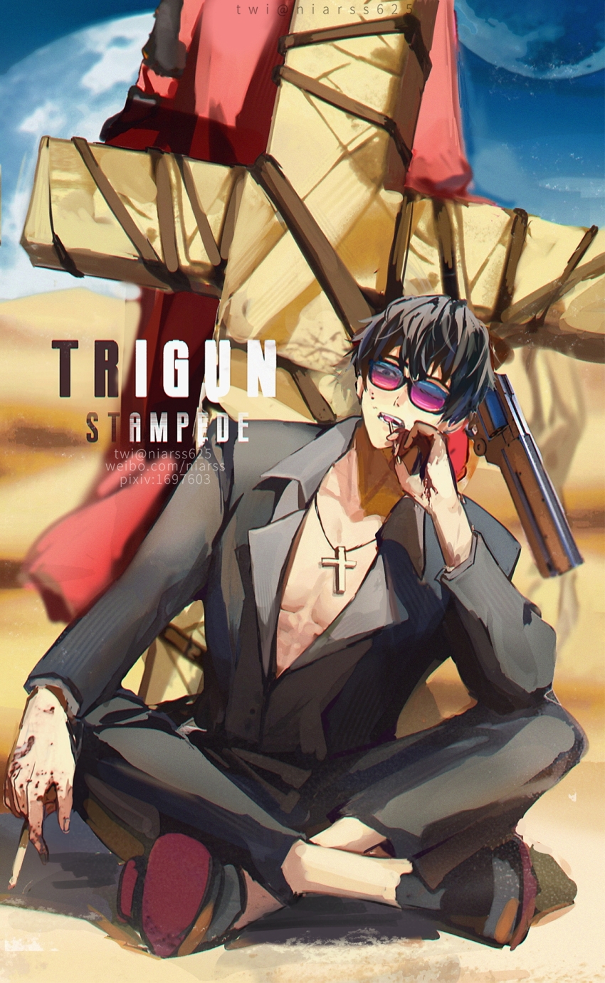 2boys black_footwear black_hair black_pants cigarette coat cross highres holding holding_weapon multiple_boys niarss nicholas_d._wolfwood on_floor pants pixiv_id red_coat sand sunglasses trigun trigun_stampede twitter_username vash_the_stampede watermark weapon weibo_watermark