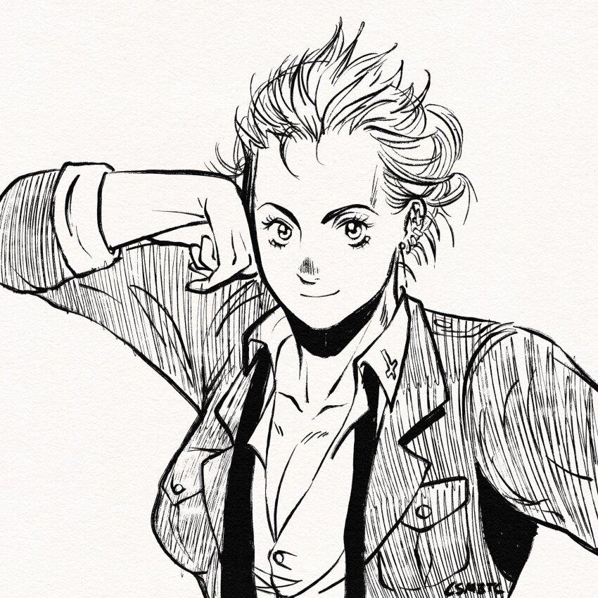 1girl breasts cleavage closed_mouth csmbtc dorohedoro earrings eyelashes greyscale hand_on_own_face highres inktober jacket jewelry looking_at_viewer monochrome noi_(dorohedoro) shirt short_hair signature simple_background solo upper_body
