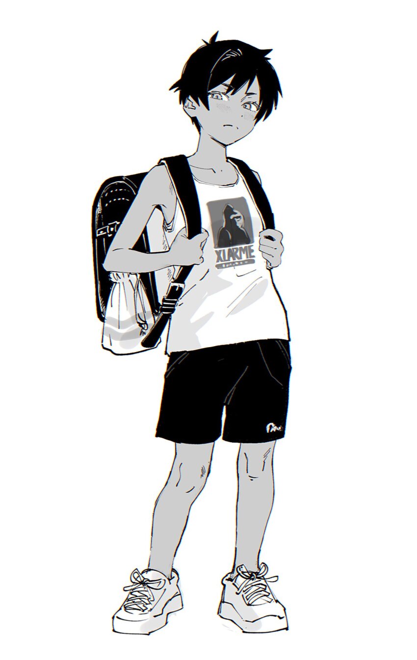 1girl backpack bag black_hair child dark-skinned_female dark_skin eyelashes flat_chest greyscale highres kamoshida_hibiki loli monochrome osg_pk police_and_lady randoseru reverse_trap short_hair shorts simple_background tank_top tomboy white_background white_sneakers