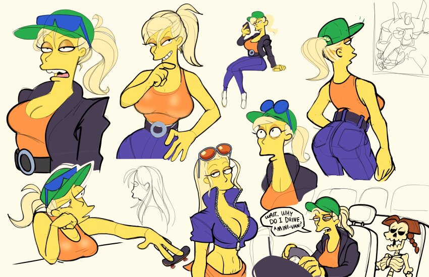1girl :v ass bored breasts cleavage collarbone cosplay cropped_jacket denim driving english_text eyewear_on_head full_body galactabee gavin&#039;s_mom grin highres holding holding_phone jacket large_breasts looking_at_another looking_to_the_side mature_female midriff multiple_views navel nico_robin nico_robin_(cosplay) nico_robin_(return_to_sabaody) no_bra official_style one_piece phone ponytail sarong short-sleeved_jacket short_sleeves simple_background sitting smile sunglasses sunglasses_on_head tank_top the_simpsons vehicle_interior white_background wide_hips