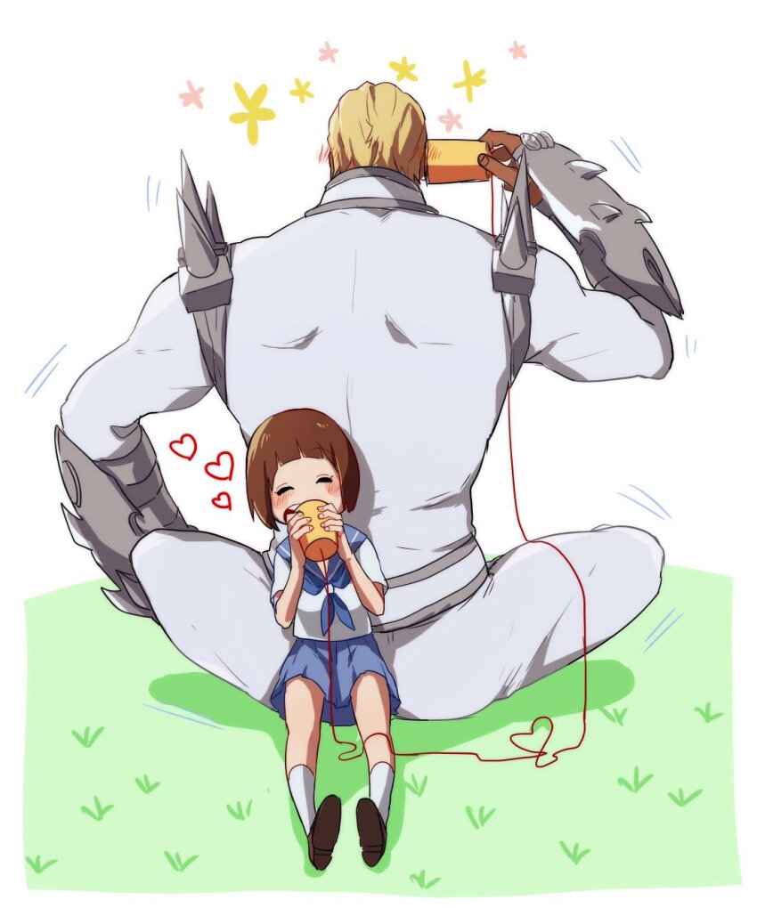 1boy 1girl ^_^ blue_neckerchief blue_sailor_collar blue_skirt blush blush_stickers bob_cut brown_eyes brown_hair closed_eyes dark-skinned_male dark_skin facing_back gamagoori_ira grass hair_slicked_back heart highres honnoji_academy_school_uniform jacket kayasamad kill_la_kill mankanshoku_mako muscular muscular_male neckerchief pants protected_link sailor_collar school_uniform serafuku sitting size_difference skirt spikes string_phone white_jacket