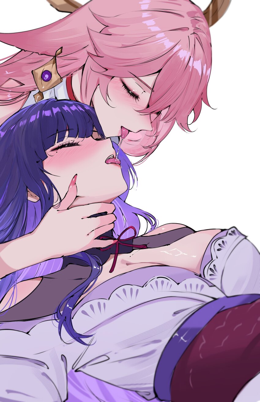 2girls absurdres animal_ears arnkun blush breasts cleavage closed_eyes clothing_cutout commentary earrings english_commentary floppy_ears fox_ears genshin_impact hand_around_neck highres japanese_clothes jewelry kimono large_breasts lying mole mole_under_eye multiple_girls on_back pink_hair pink_nails purple_hair purple_kimono purple_sash raiden_shogun saliva saliva_swap saliva_trail sash shoulder_cutout tongue tongue_out yae_miko yuri