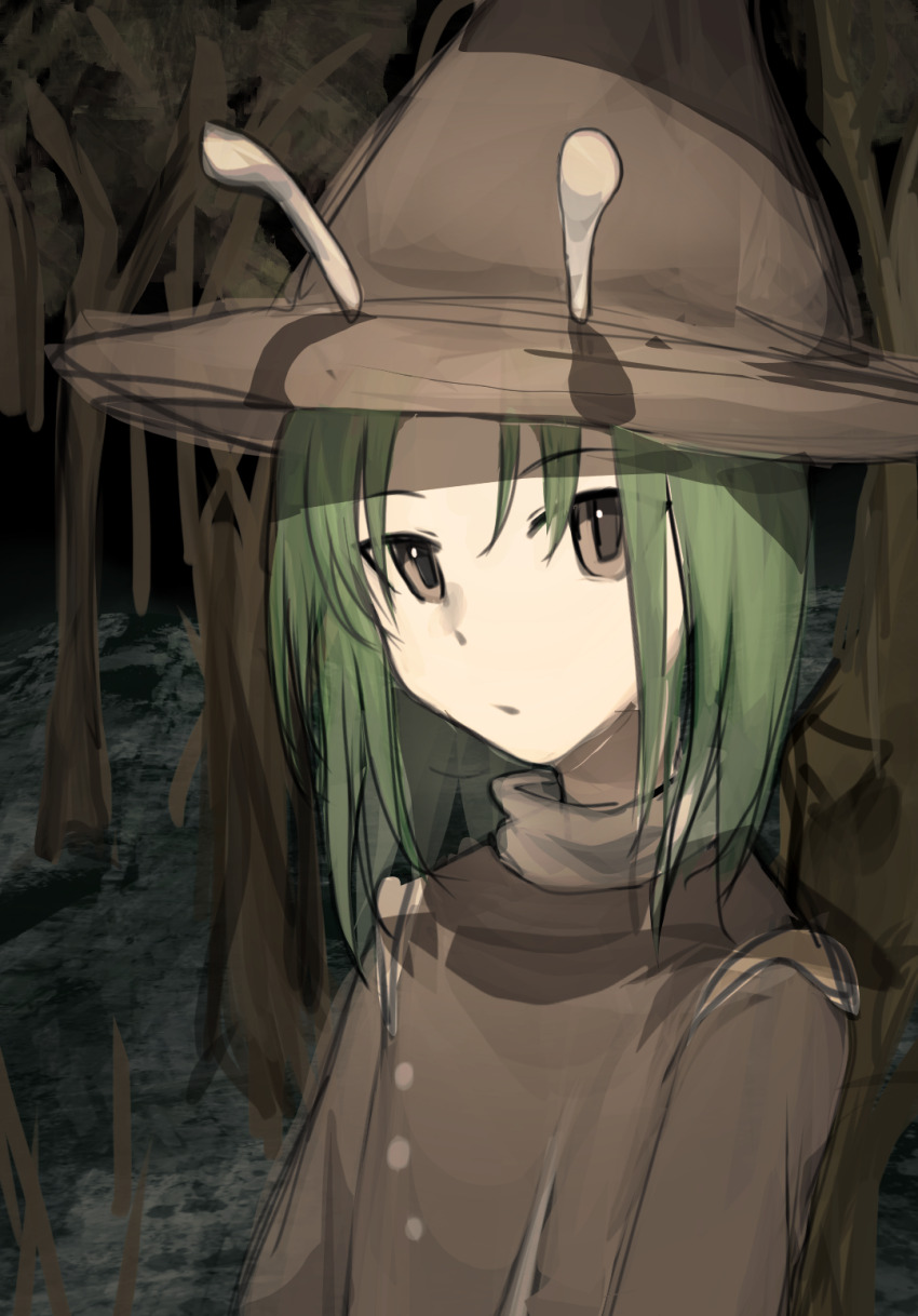 1other amanomori_shou androgynous antennae bare_tree brown_eyes brown_hat brown_shirt chinese_commentary closed_mouth commentary_request euthan forest green_hair hat highres len&#039;en medium_hair nature other_focus outdoors pointy_hat shirt solo tree upper_body