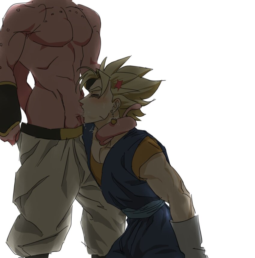 2boys blonde_hair blush closed_eyes colored_skin dragon_ball dragonball_z earrings fellatio gloves highres jewelry linisthename majin_buu male_focus multiple_boys muscular muscular_male oral pectorals penis pink_skin potara_earrings super_buu super_saiyan vegetto yaoi