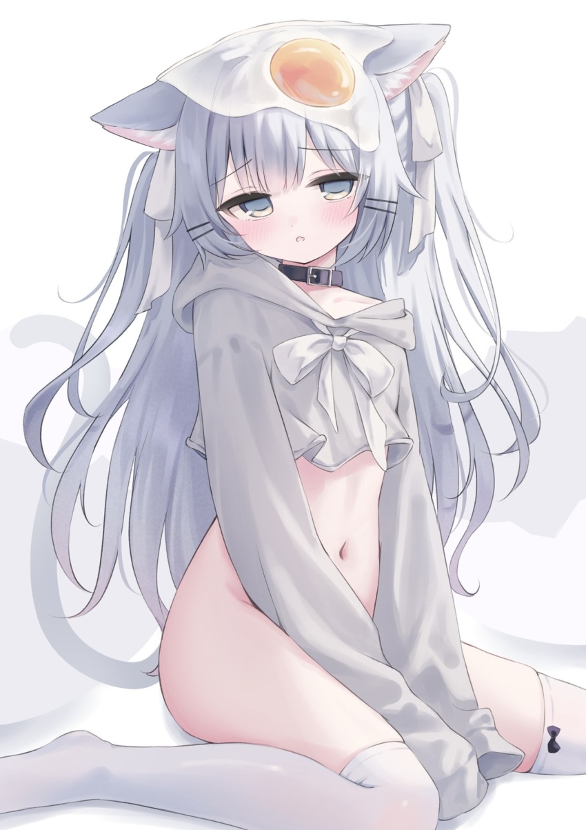 1girl animal_ears black_choker blue_eyes blush cat_ears cat_girl cat_tail choker collarbone commentary_request cropped_hoodie egg_(food) food furrowed_brow grey_hair hair_ornament hair_ribbon hairclip highres hood hood_down hoodie long_hair long_sleeves looking_at_viewer navel neck_ribbon nekomogu_(ch0_s2) no_panties open_mouth original over-kneehighs parallel_hairclips ribbon sitting sleeves_past_fingers sleeves_past_wrists solo tail thighhighs two_side_up wariza white_ribbon white_thighhighs