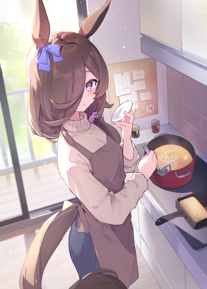 1girl absurdres animal_ears apron black_pants blue_bow blush bow brown_apron brown_hair commentary_request cooking_pot ear_bow food hair_over_one_eye hair_over_shoulder highres holding horse_ears horse_girl horse_tail indoors ladle long_hair looking_at_viewer looking_to_the_side low_ponytail mola_mola pants parted_lips ponytail purple_eyes railing rice_shower_(umamusume) solo sweater tail turtleneck turtleneck_sweater umamusume white_sweater window