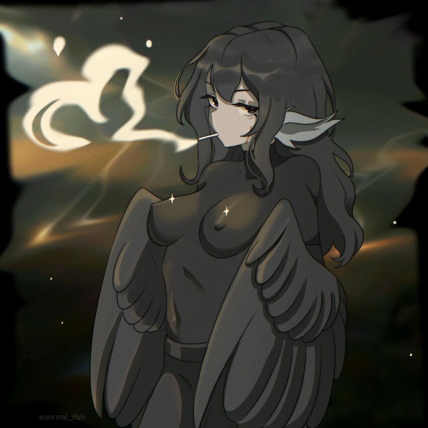 1girl absurdres black_eyes black_hair black_pants black_shirt breasts cigarette commentary covered_erect_nipples covered_navel english_commentary ev_v1l facial_scar feathered_wings hair_between_eyes harpy highres looking_at_viewer medium_breasts messy_hair monster_girl original pants scar scar_on_cheek scar_on_face shirt sidelocks skin_tight smoke_heart smoking solo sparkle winged_arms wings