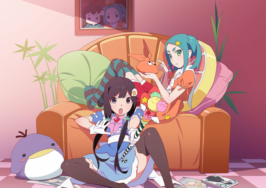 2girls :&lt; :o ahoge aqua_thighhighs araragi_tsukihi armchair belt black_eyes black_hair black_thighhighs blue_dress bow bowtie braid breasts brooch chair checkered_floor closed_mouth day dress egg_hair_ornament end_card expressionless food-themed_hair_ornament fried_egg frilled_dress frills from_side gloves googly_eyes gradient_clothes gradient_dress green_eyes hair_ornament hair_over_shoulder hat heart hikimayu holding holding_unworn_clothes holding_unworn_hat holding_wand index_finger_raised indoors jewelry knee_up leaning_back long_hair looking_at_viewer looking_to_the_side lounging low_twin_braids magazine_(object) magical_girl monogatari_(series) multiple_girls no_shoes official_alternate_costume official_art on_chair on_floor ononoki_yotsugi open_mouth orange_dress orange_hat parted_bangs petticoat picture_frame pillow pink_bow pink_bowtie plant pointy_ears puffy_short_sleeves puffy_sleeves red_dress round_teeth short_eyebrows short_sleeves shouting sidelocks sitting small_breasts spread_legs star_(symbol) star_hair_ornament stuffed_animal stuffed_food stuffed_penguin stuffed_toy teeth thick_eyebrows thighhighs tile_floor tiles twin_braids twintails unworn_hat unworn_headwear upper_teeth_only v-shaped_eyebrows very_long_hair wand watanabe_akio white_belt white_gloves white_trim winged_wand zettai_ryouiki