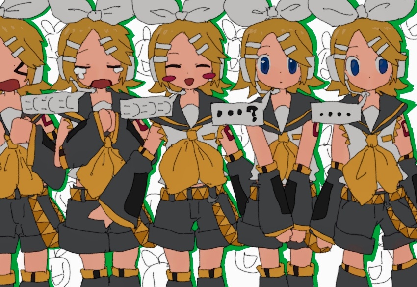 &gt;_&lt; ... ...? 1girl ^_^ arm_behind_back bare_shoulders belt belt_buckle black_sailor_collar black_shorts black_sleeves black_thighhighs blue_eyes blush_stickers bow buckle closed_eyes commentary cowboy_shot crying detached_sleeves dot_nose emoticon empty_eyes english_commentary excited green_outline hair_bow hands_on_own_chest happy headphones highres kagamine_rin kousou_(vanilla_rkgk) lace lace-trimmed_shirt lace_trim long_sleeves looking_at_viewer multiple_belts multiple_views neckerchief no_mouth number_tattoo open_mouth outline own_hands_together parted_lips pocket sad sailor_collar sailor_shirt shirt shorts shoulder_tattoo sleeveless sleeveless_shirt smile speech_bubble straight-on streaming_tears tattoo tears thigh_belt thigh_strap thighhighs triangle_print vocaloid white_background white_bow white_shirt yellow_belt yellow_neckerchief