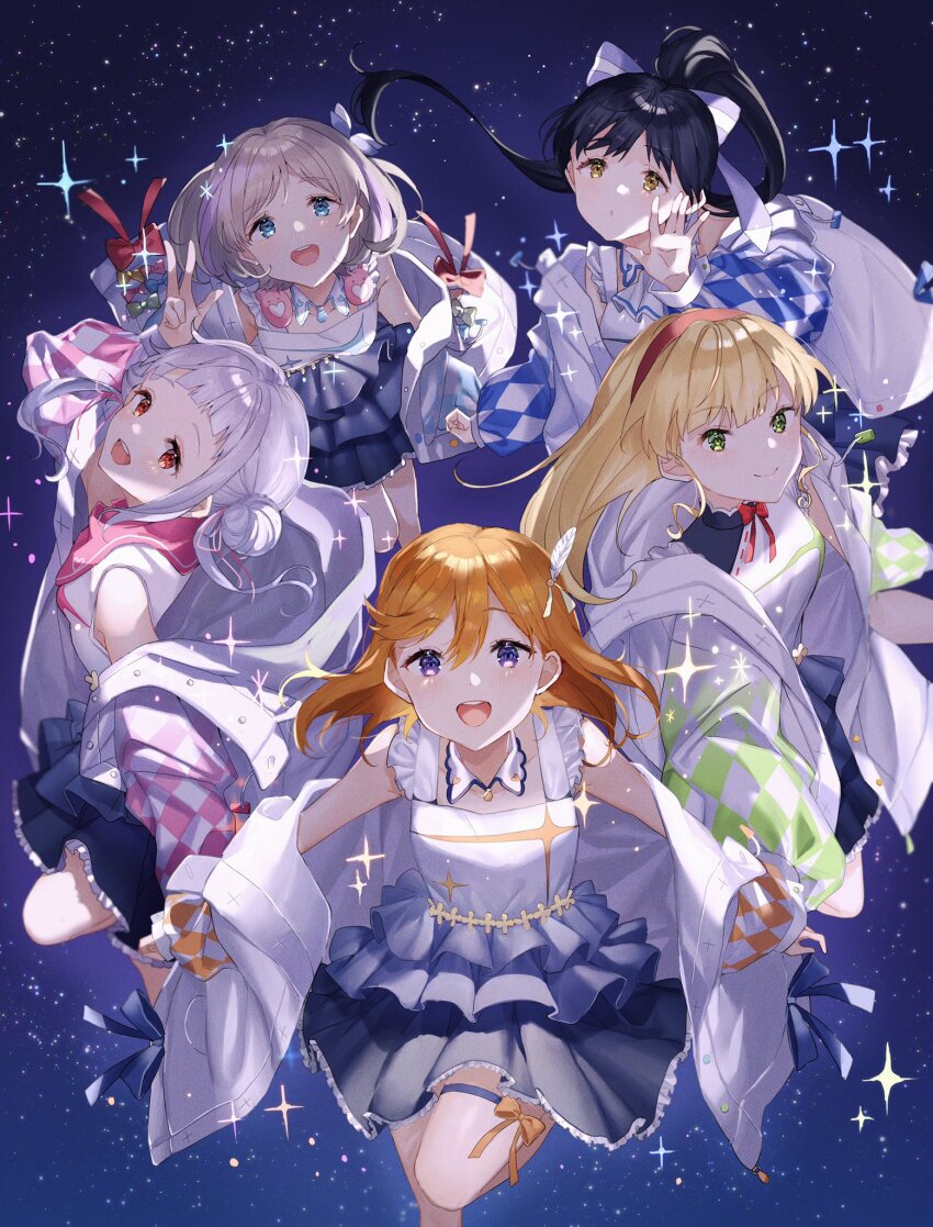 5girls arashi_chisato ban_(one_ban7241) black_hair blonde_hair blue_eyes blunt_bangs closed_mouth commentary_request detached_collar double_bun dress frilled_dress frills gradient_clothes gradient_dress green_eyes grey_hair hair_between_eyes hair_bun hairband hajimari_wa_kimi_no_sora hazuki_ren heanna_sumire highres jacket long_hair looking_at_viewer love_live! love_live!_superstar!! multiple_girls open_mouth orange_hair orange_hairband ponytail purple_dress purple_eyes red_eyes shibuya_kanon short_hair sidelocks sleeveless sleeveless_dress smile tang_keke thigh_strap upper_body w white_dress white_hair white_jacket yellow_eyes