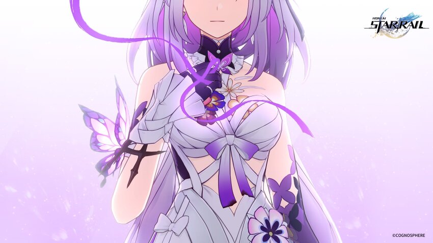 1girl bare_shoulders breasts bug butterfly castorice_(honkai:_star_rail) collarbone copyright_name copyright_notice dress frilled_dress frills highres honkai:_star_rail honkai_(series) insect large_breasts long_hair low_twintails official_art purple_butterfly purple_hair sleeveless sleeveless_dress string string_of_fate twintails white_dress
