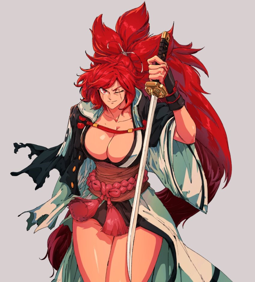 1girl amputee baiken big_hair black_kimono breasts cleavage david_liu eyepatch facial_tattoo guilty_gear guilty_gear_xrd highres japanese_clothes katana kimono large_breasts long_hair multicolored_kimono one-eyed open_clothes open_kimono pink_hair ponytail red_eyes samurai scar scar_across_eye scar_on_face solo sword tattoo torn_sleeve weapon