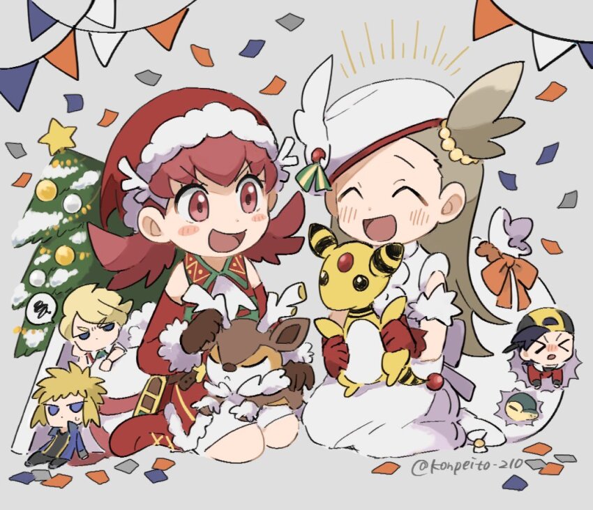 2girls 3boys :d ^_^ ampharos bare_shoulders blush boots brown_gloves brown_hair chibi christmas christmas_tree closed_eyes commentary_request confetti cyndaquil detached_sleeves dress ethan_(pokemon) gen_2_pokemon gen_5_pokemon gloves grey_background hat holding jasmine_(holiday_2022)_(pokemon) jasmine_(pokemon) konpei_(konpeito_210) long_hair multiple_boys multiple_girls nintendo official_alternate_costume one_side_up open_mouth pokemon pokemon_dppt pokemon_hgss pokemon_masters_ex red_dress red_footwear red_gloves red_headwear santa_hat sawsbuck siebold_(holiday_2019)_(pokemon) siebold_(pokemon) sitting smile tongue volkner_(pokemon) white_dress white_headwear whitney_(holiday_2022)_(pokemon) whitney_(pokemon)