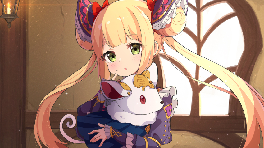 1girl ame. blonde_hair blush candle commentary_request double_bun dress finger_to_mouth fire green_eyes hair_bun highres indoors juliet_sleeves long_hair long_sleeves looking_at_viewer luna_(shadowverse) parted_lips puffy_sleeves purple_dress shadowverse sleeves_past_wrists solo stuffed_animal stuffed_dog stuffed_toy twintails very_long_hair wall_lamp window
