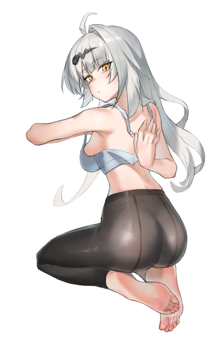 1girl ass barefoot bra feet grey_hair highres leggings li_yu_liyu long_hair looking_at_viewer looking_back open_bra parted_lips soles toes underwear yellow_eyes yixuan_(zenless_zone_zero) zenless_zone_zero