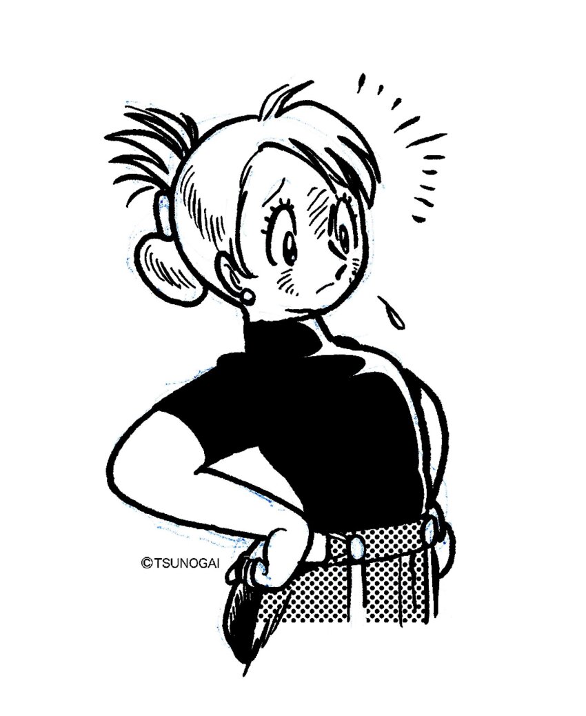 1girl artist_name black_collar black_outline black_sleeves collar collared_shirt copyright_notice cropped_torso earrings english_text eyelashes flying_sweatdrops folded_ponytail fullmetal_alchemist hands_on_own_hips highres jewelry jpeg_artifacts outline ponytail riza_hawkeye screentones shirt short_sleeves sketch tezuka_osamu_(style) tsunogai turtleneck turtleneck_shirt upper_body