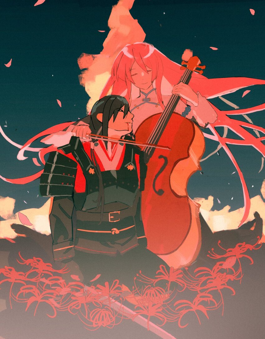 1boy 1girl allyouneedisuwu armor belt black_armor black_dress black_hair black_jacket blood blood_from_mouth blood_trail bow_(music) cello closed_eyes cousins dress embers fiery_background fire floating_hair flower frilled_sleeves frills highres holding holding_bow_(music) holding_instrument instrument jacket japanese_armor japanese_clothes kimono kneeling light_smile long_hair looking_at_another looking_up music ootori_kanae_(soukou_akki_muramasa) ootori_shishiku pink_hair playing_instrument ponytail red_kimono samurai soukou_akki_muramasa spider_lily two-tone_dress very_long_hair white_dress
