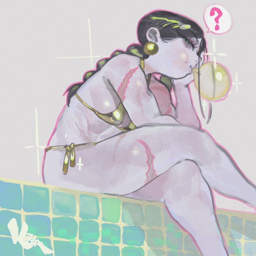 ? alternate_costume bare_shoulders bikini blowing_bubbles breasts chewing_gum crossed_legs earrings eyelashes feet_out_of_frame full_body gold_bikini gold_earrings golden_week green_eyes green_hair half-closed_eyes hand_on_own_chin head_on_hand head_rest highres jewelry keziedra long_hair looking_at_viewer mole mole_on_cheek multiple_moles multiple_scars original outline pale_skin pink_outline profile scar scar_on_arm scar_on_face scar_on_leg shiny_swimsuit sitting sparkle speech_bubble sphere_earrings spoken_question_mark swimsuit tapioca_(keziedra) tiles twintails