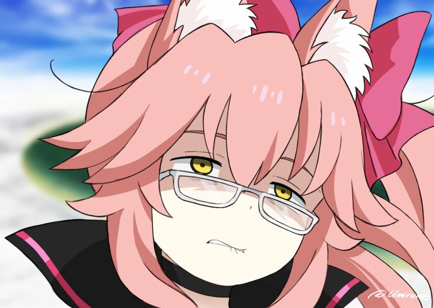 1girl animal_ear_fluff animal_ears black_bodysuit bodysuit bow exhausted fate/grand_order fate_(series) fox_ears fox_girl koyanskaya_(assassin)_(first_ascension)_(fate) koyanskaya_(fate) make_heroine_ga_oo_sugiru! meme pink_bow pink_hair scene_reference tamamo_(fate) umirunie white-framed_eyewear yellow_eyes