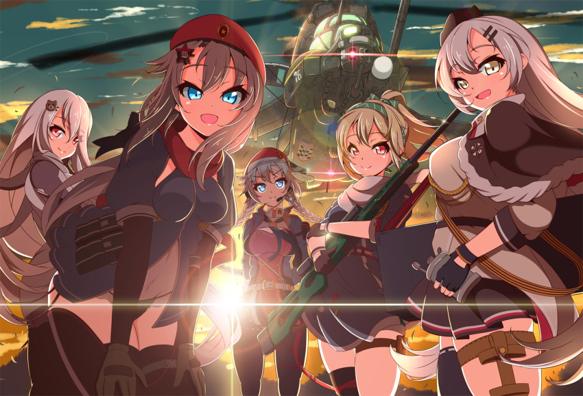 5girls 9a-91_(girls&#039;_frontline) aircraft asymmetrical_legwear attack_helicopter beret blue_eyes bolt_action braid cowboy_shot fingerless_gloves girls&#039;_frontline gloves gun hair_ornament hairclip hands_on_thighs hat headset helicopter holding holding_gun holding_weapon leggings long_hair looking_at_viewer mi-24 military military_uniform military_vehicle mismatched_legwear multiple_girls open_mouth ots-12_(girls&#039;_frontline) panties pk_(girls&#039;_frontline) ponytail red_eyes rifle sayossa_(pak-front) side-tie_panties silver_hair skindentation sniper_rifle star_(symbol) star_hair_ornament sunset sv-98 sv-98_(girls&#039;_frontline) svd_(girls&#039;_frontline) thighhighs underwear very_long_hair weapon