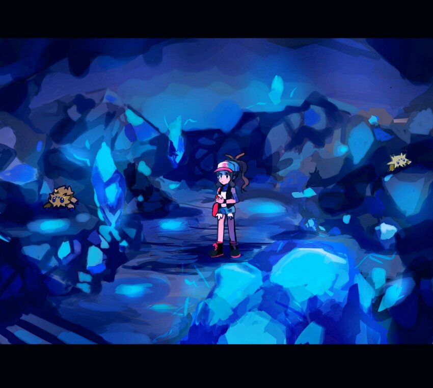 1girl antenna_hair baseball_cap black_vest blue_shorts brown_hair cave cutoffs gen_5_pokemon hat highres hilda_(pokemon) holding holding_poke_ball in-universe_location joltik letterboxed long_hair nintendo open_clothes open_vest poke_ball pokemon pokemon_(creature) pokemon_bw ponytail shichibee_(stm_mimi) shirt shorts standing vest white_shirt
