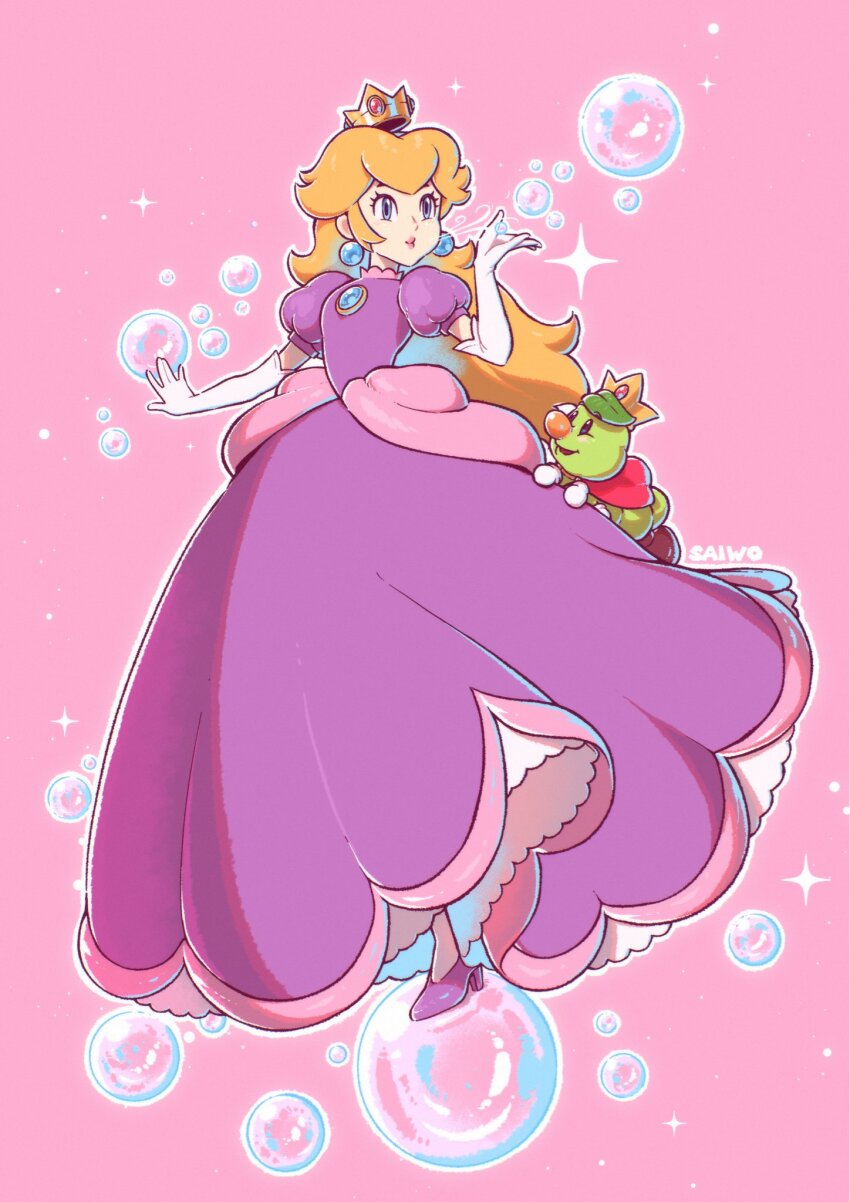 1girl blonde_hair blue_eyes brooch bubble bubble_peach caterpillar crown dress earrings elbow_gloves full_body gloves high_heels highres jewelry long_hair mario_(series) nintendo pink_background prince_florian princess_peach puffy_short_sleeves puffy_sleeves purple_dress purple_footwear saiwo_(saiwoproject) short_sleeves simple_background sphere_earrings super_mario_bros._wonder white_gloves