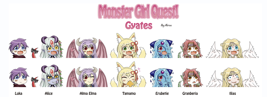 1boy 6+girls absurdres alipheese_fateburn_xvi alma_elma blush erubetie granberia highres horns ilias luka_(mon-musu_quest!) mon-musu_quest! monster_girl multiple_girls slime_girl tamamo_(mon-musu_quest!) wings