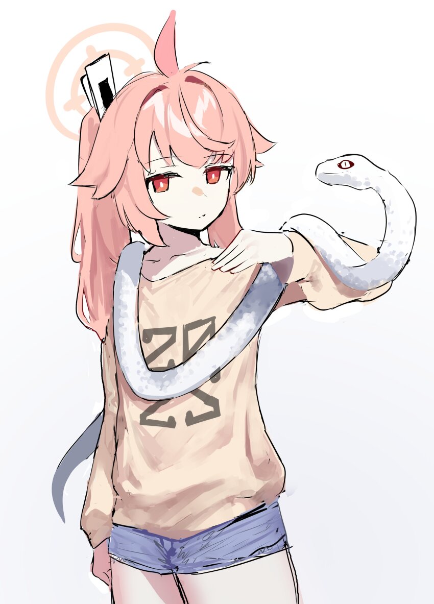 1girl absurdres ahoge blue_archive blue_shorts bright_pupils closed_mouth cowboy_shot halo hand_up highres long_sleeves looking_at_viewer natsu_(blue_archive) pink_hair pink_halo red_eyes remise shirt shorts side_ponytail simple_background sketch snake snake_on_shoulder white_background white_pupils yellow_shirt