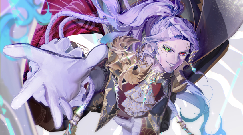 1boy absurdres alessandro_di_cagliostro_(fate) ascot braid facial_hair fate/grand_order fate_(series) gloves goatee green_eyes heterochromia highres long_hair male_focus mimiiri multiple_braids ponytail reaching reaching_towards_viewer red_eyes white_gloves white_hair