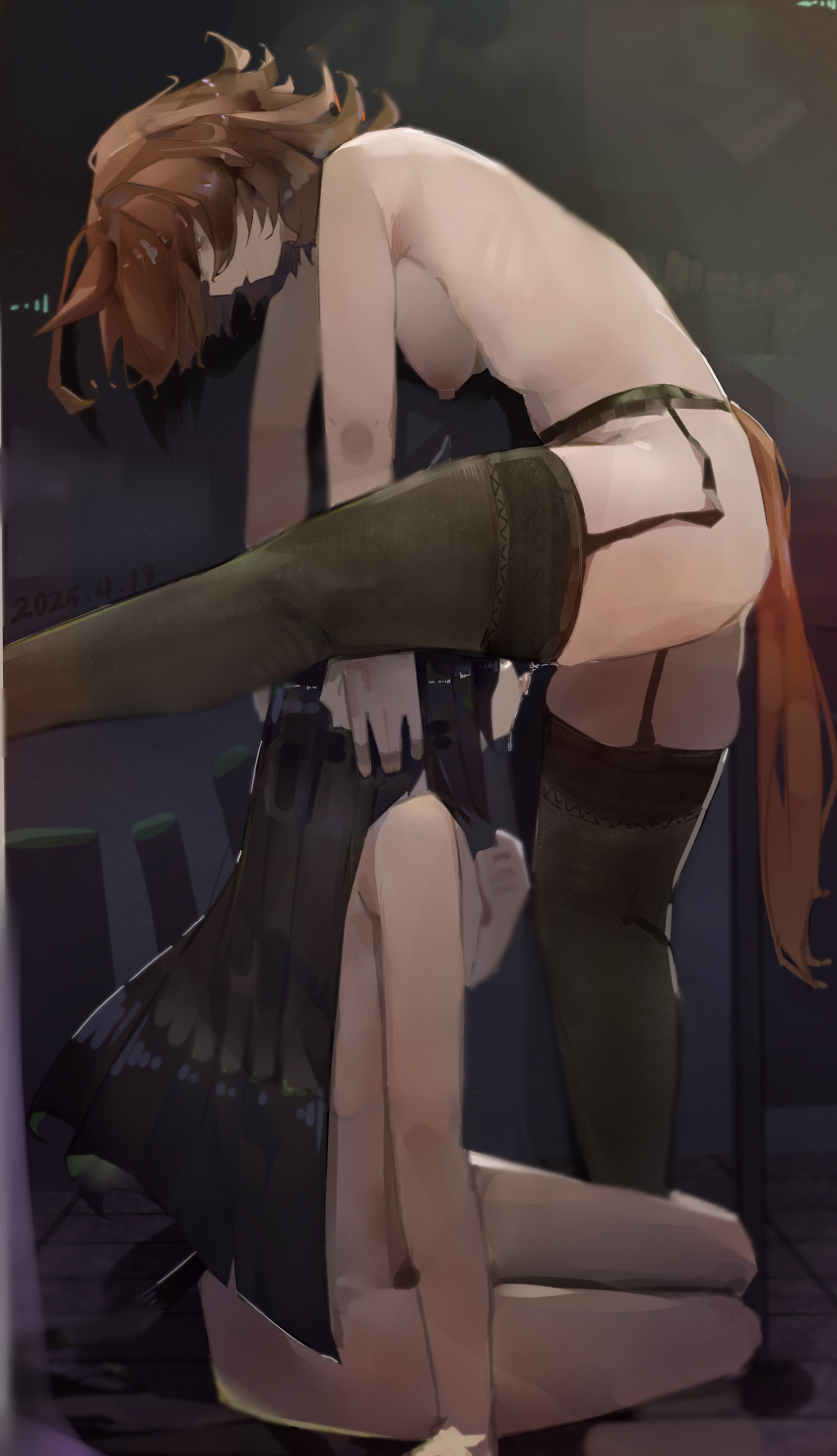 2girls absurdres agnes_tachyon_(umamusume) animal_ears black_hair black_thighhighs breasts brown_hair completely_nude dated garter_straps grabbing_another&#039;s_head hand_up hands_on_another&#039;s_head highres horse_ears horse_girl horse_tail implied_cunnilingus large_breasts long_hair looking_at_another manhattan_cafe_(umamusume) multiple_girls nipples nude pantyhose pussy_juice pussy_juice_on_face red_eyes tail thighhighs umamusume very_long_hair wista yuri