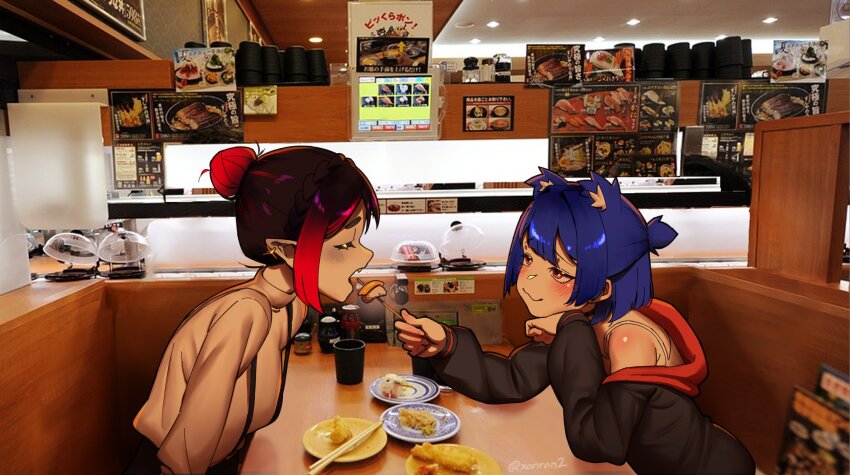 2girls bare_shoulders blue_hair blush chopsticks closed_eyes conveyor_belt_sushi eleanor_(justadrian) feeding food go!_go!_gris! gris_(go!_go!_gris!) hair_bun highres multicolored_hair multiple_girls original pale_skin photo_background pointy_ears short_hair sushi vampire xanran