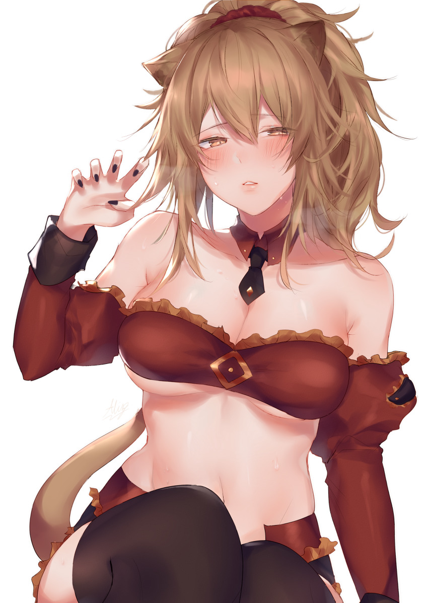 1girl absurdres allze arknights bandeau bare_shoulders black_nails black_necktie black_thighhighs blush breasts breath brown_eyes brown_hair character_name claw_pose cleavage collarbone commentary cosplay detached_collar detached_sleeves fate/apocrypha fate_(series) female_focus hair_between_eyes hair_ornament hair_scrunchie hand_up highres juliet_sleeves large_breasts lion_tail long_hair long_sleeves looking_at_viewer midriff mordred_(fate) mordred_(fate)_(cosplay) mordred_(fate/apocrypha) nail_polish navel necktie puffy_sleeves red_scrunchie scrunchie siege_(arknights) simple_background sitting solo stomach strapless tail thighhighs tube_top white_background