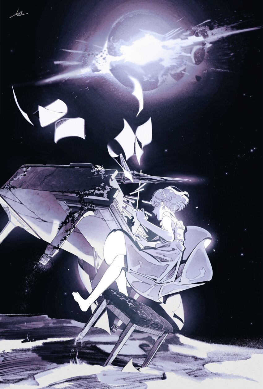 1girl absurdres chair closed_eyes colored_skin dress floating highres in_orbit instrument music open_mouth original paper piano piano_keys planet playing_instrument playing_piano short_hair sidelocks sitting smile solo space star_(sky) toktin_zq white_dress white_hair white_skin
